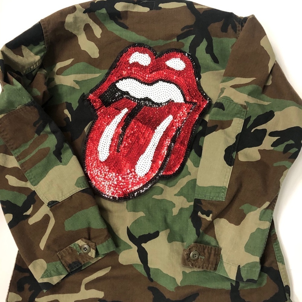 Army jacket with Rolling Stones bedazzled lips